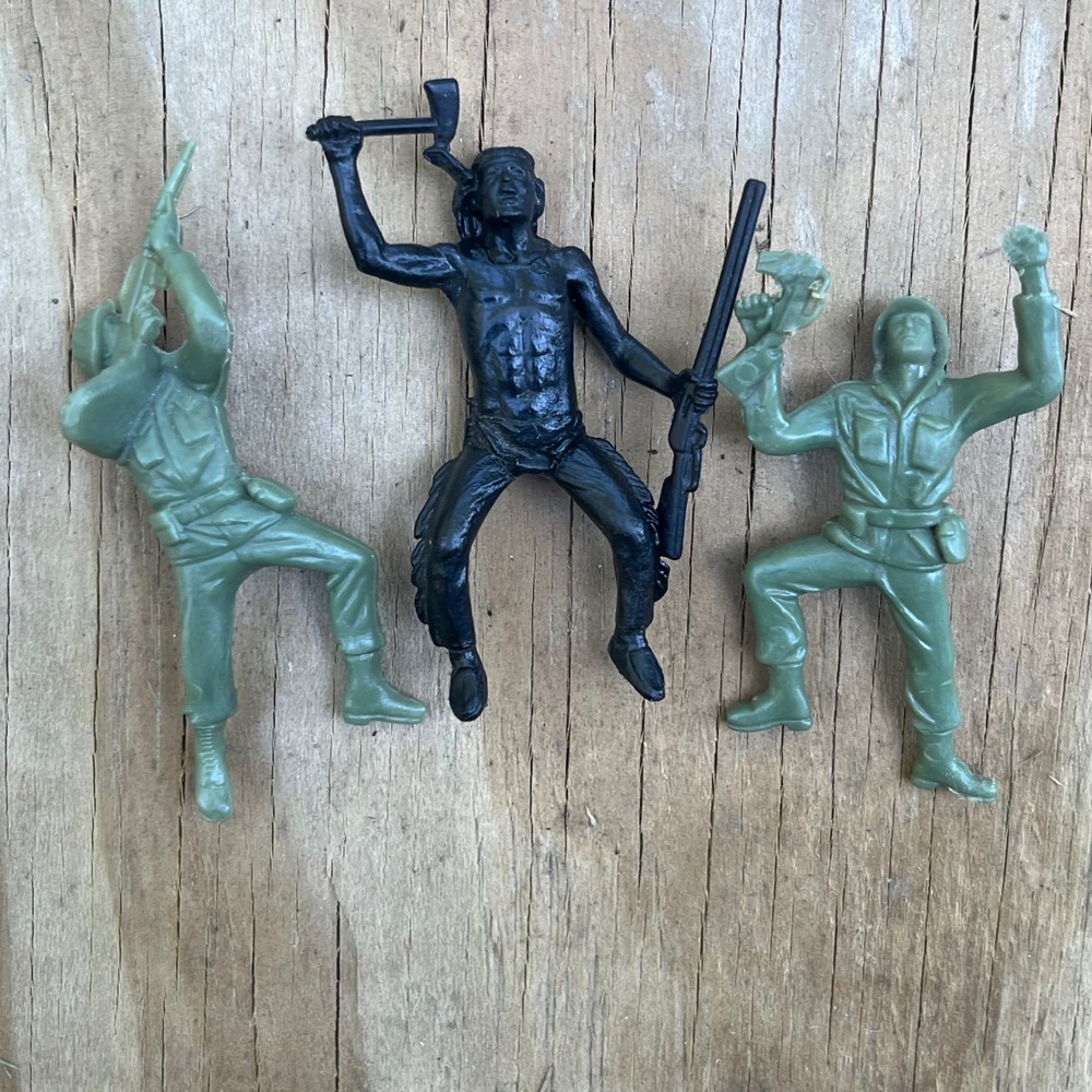 Vintage 1950s USSR Plastic Toy Figures Green Soldiers Black Warrior Set 3pc